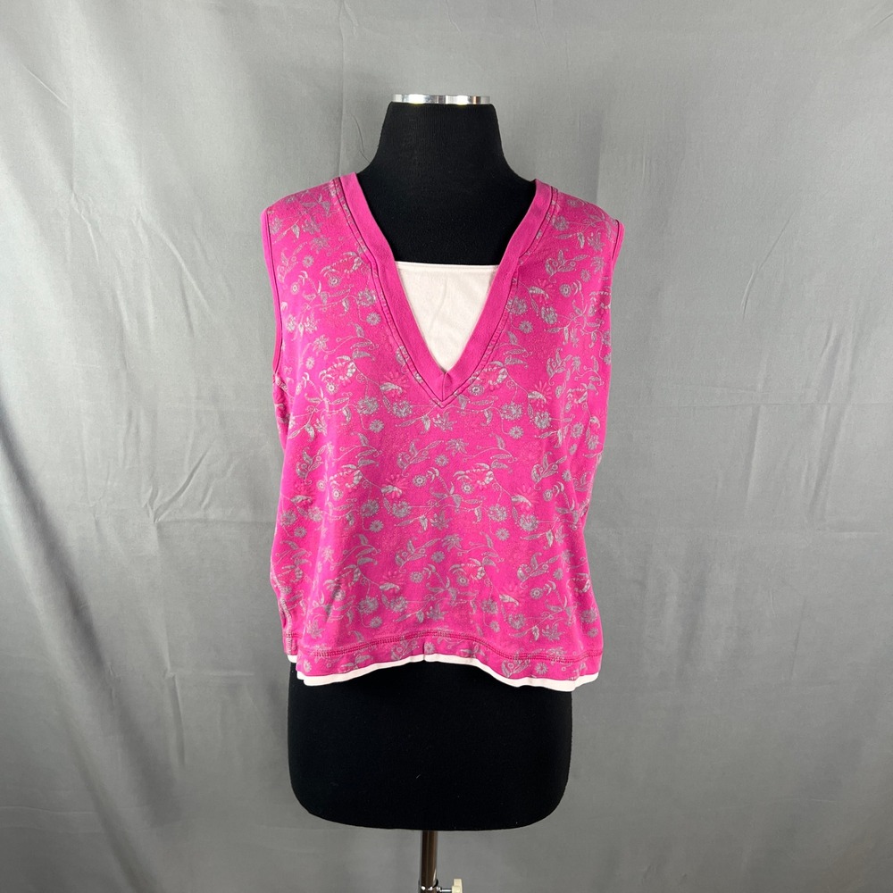 So Soiree Sleeveless Tank Top Womens XL Pink Floral Art Grace Deep V Neck Y2k